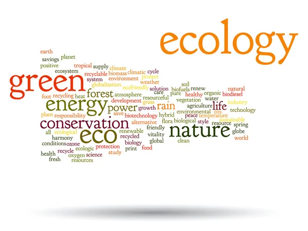 Concept or conceptual abstract green ecology or energy and conservation word cloud text isolated on background — Stock Photo, Image