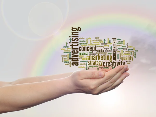 Concept of conceptuele abstracte business reclame en marketing word cloud of wordcloud in man of vrouw hand, regenboog hemelachtergrond — Stockfoto