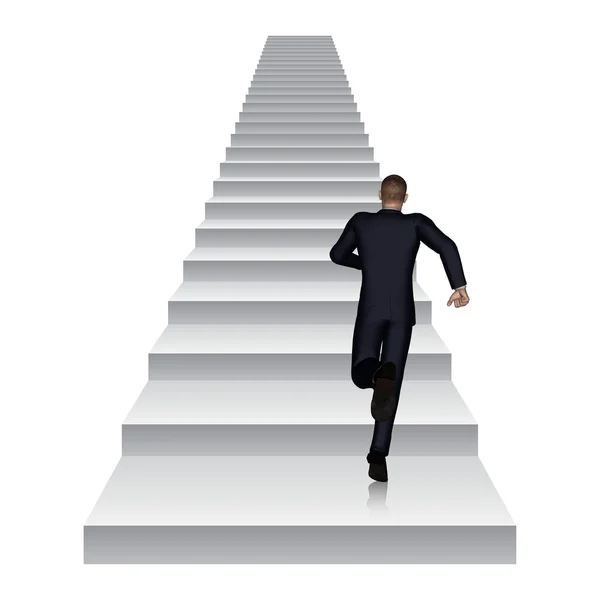 Hombre de negocios en 3D conceptual o conceptual corriendo o subiendo escaleras blancas aisladas sobre fondo blanco —  Fotos de Stock