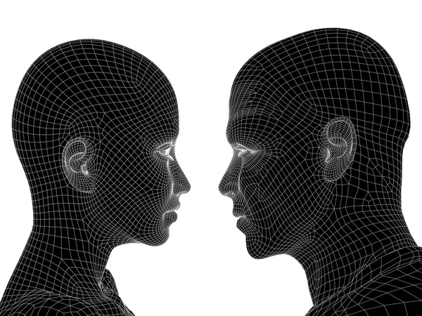 High resolution concept or conceptual black and white 3D wireframe human male or female head isolated on background — ストック写真