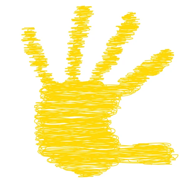 Conceptual yellow painted drawing hand shape print or scribble isolated on white paper background — Stock Photo, Image