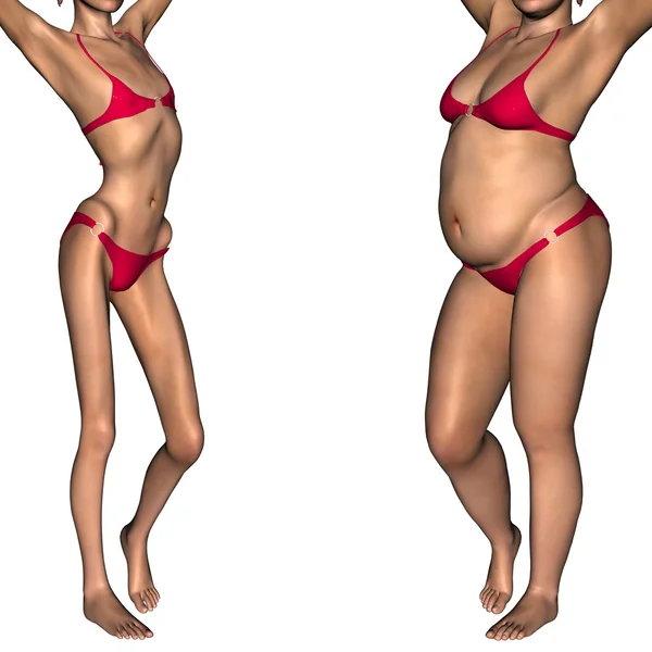 Konzept oder konzeptionelle 3D-Frau oder Mädchen als dick, übergewichtig und fit gesund, mageres Untergewicht magersüchtige Frau vor und nach der Diät — Stockfoto