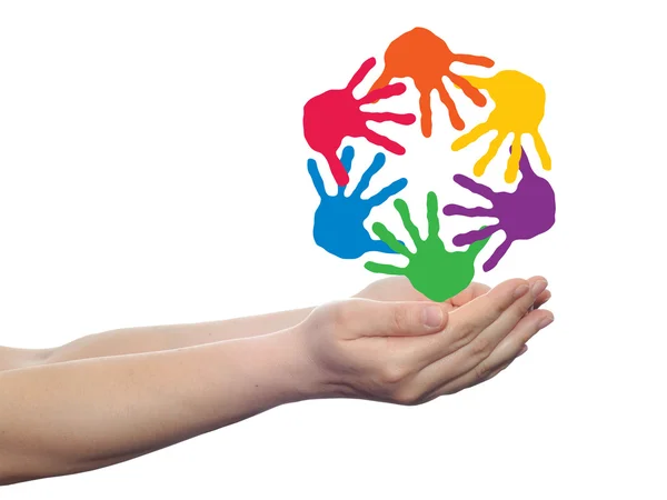 Concept ou cercle conceptuel ou spirale ensemble composé de mains humaines peintes colorées dans la paume isolée sur fond blanc — Photo