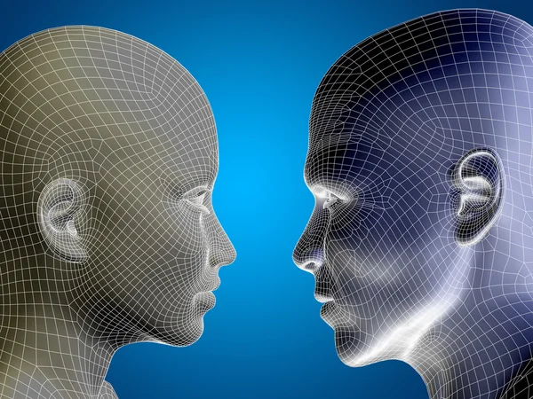 Concept or conceptual 3D wireframe or mesh human male and female head on blue gradient background — Stock Photo, Image