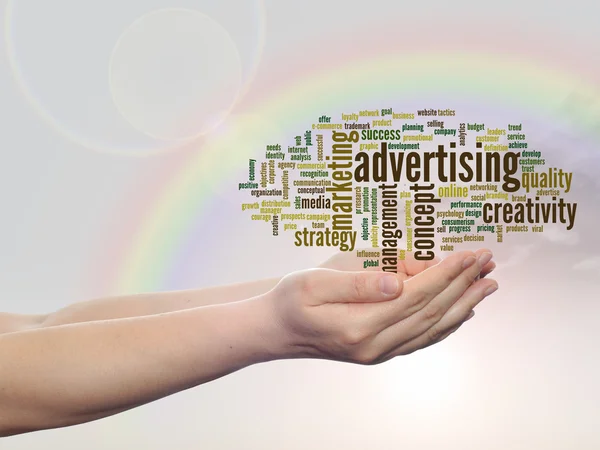 Concetto o concettuale astratto business pubblicità e marketing parola nuvola o wordcloud in mano uomo o donna, sfondo cielo arcobaleno — Foto Stock