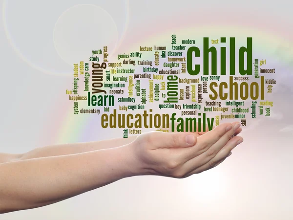 Concept or conceptual child and education abstract word cloud, human man hand, rainbow sky background — Stock Photo, Image