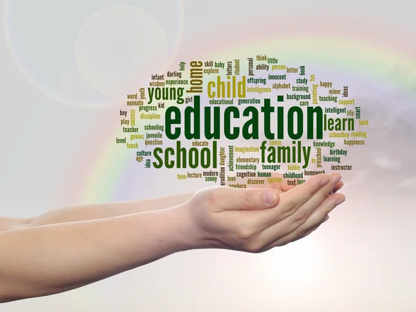 Concept or conceptual education abstract word cloud, human man hand, rainbow sky background — Stock Photo, Image