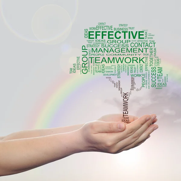 Concept or conceptual green business text word cloud on man hand, tagcloud on rainbow sky background — Stockfoto