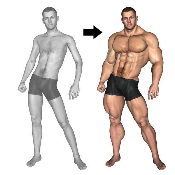 Concept of conceptuele 3d sterke jonge mannelijke man bodybuilder vs ondergewicht dun geïsoleerd op witte achtergrond — Stockfoto