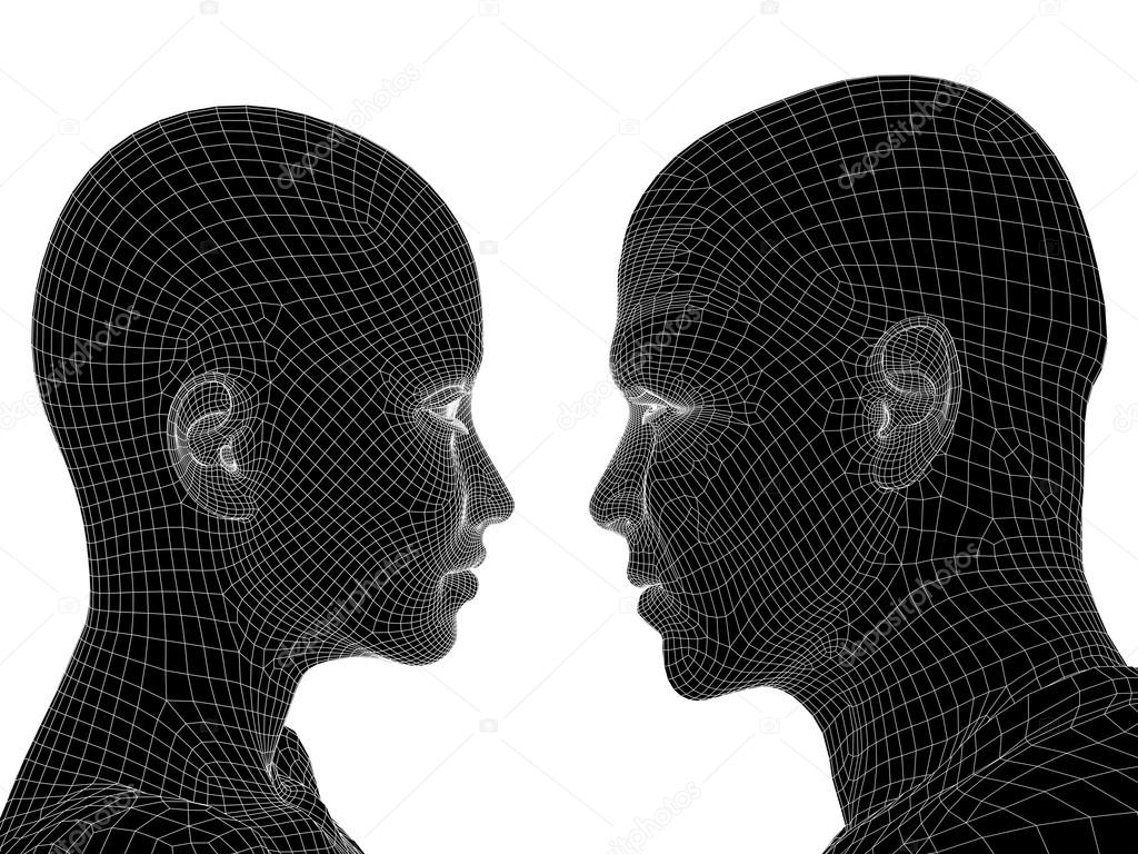 High resolution concept or conceptual black and white 3D wireframe human male or female head isolated on background