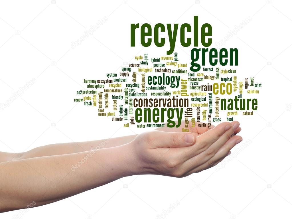 Concept or conceptual abstract green ecology recycle, conservation word cloud text in man hand on white background