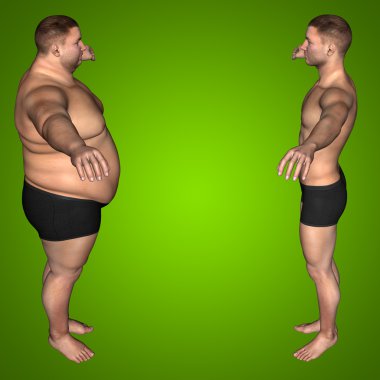 Kavram ya da kavramsal 3d şişman kilolu vs ince uygun diyet ile kasları genç adam yeşil degrade arka plan