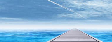 Kavram ya da kavramsal eski ahşap veya ahşap güverte pier egzotik mavi berrak Denizi kıyısında, tatil veya turizm gökyüzü arka plan afiş okyanus dalgaları