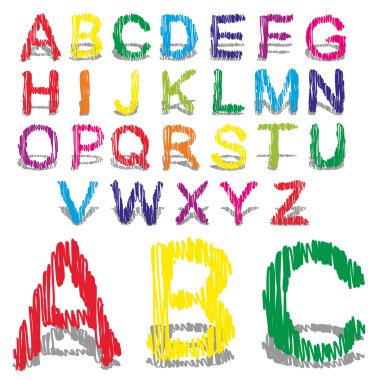 Kavram veya kavramsal kümesi veya beyaz arka plan üzerinde izole renkli el yazısı, kroki veya karalama fontlar koleksiyonu