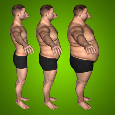 Kavram ya da kavramsal 3d şişman kilolu vs ince uygun diyet ile kasları genç adam yeşil degrade arka plan