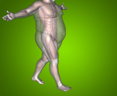 Kavram ya da kavramsal 3d şişman kilolu vs ince uygun diyet ile kasları genç adam yeşil degrade arka plan