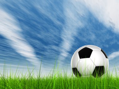 Kavram ya da taze yeşil yaz veya bahar kavramsal 3d futbol topu alan çim bir mavi gökyüzü arka plan ile