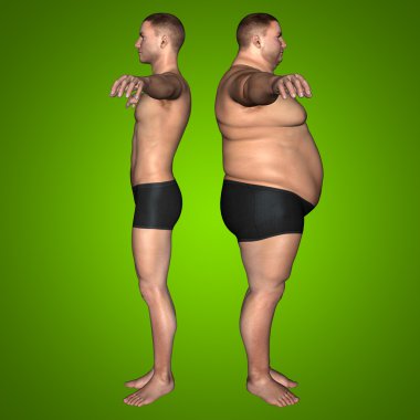 Kavram ya da kavramsal 3d şişman kilolu vs ince uygun diyet ile kasları genç adam yeşil degrade arka plan