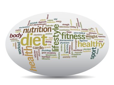 Kavram ya da kavramsal 3d oval veya elips soyut sağlık kelime bulut veya wordcloud beyaz arka plan üzerinde