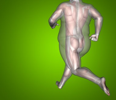 Kavram ya da kavramsal 3d şişman kilolu vs ince uygun diyet ile kasları genç adam yeşil degrade arka plan