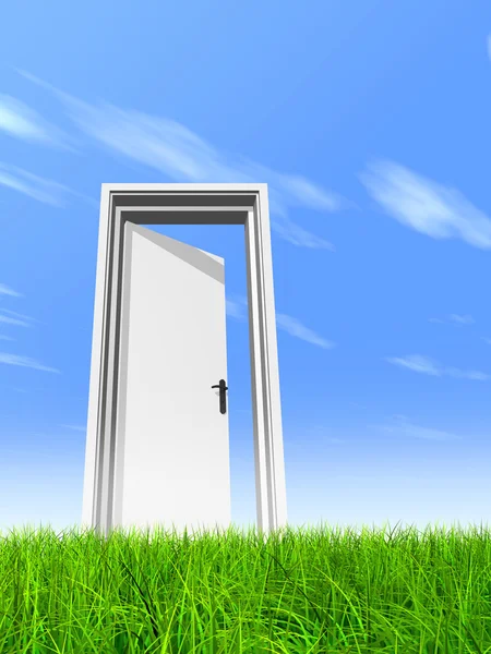 High resolution green, fresh and natural 3d conceptual grass over a blue sky background, a opened door at horizon — Stock Photo, Image