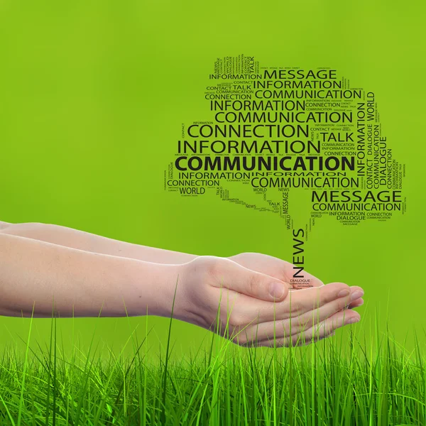 Concept or conceptual tree contact word cloud tagcloud in man or woman hand on green blur grass background — Stock Photo, Image