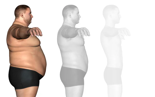 Koncepce nebo konceptuální 3d tlustá obézní vs slim fit dieta s svaly mladík izolovaných na bílém pozadí — Stock fotografie