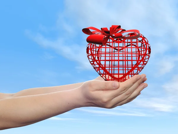 Koncept eller konceptuell 3d rött abstrakt hjärta tecken eller en symbol med menyfliksområdet hålls i händerna av en man, kvinna eller barn på blå himmel bakgrund — Stockfoto