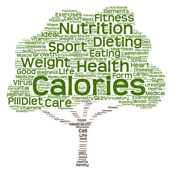 Konzept oder konzeptionelle Gesundheit oder Ernährung grüne Textwolke oder Tagcloud Baum isoliert auf weißem Hintergrund — Stockfoto