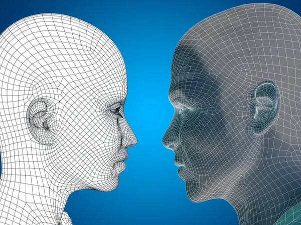 Koncepció, vagy fogalmi 3d drótváz vagy a háló emberi férfi és női fej a kék gradiens háttér — Stock Fotó