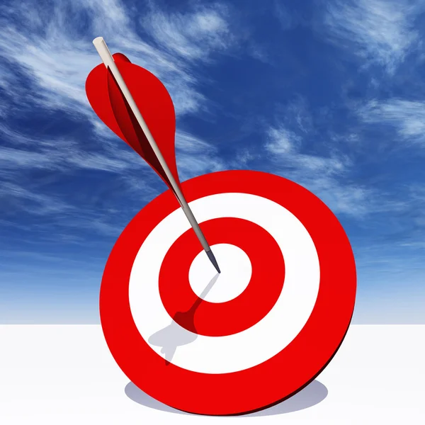 Concept or conceptual red dart target board with arrow in the center on clouds sky background — Stock Photo, Image
