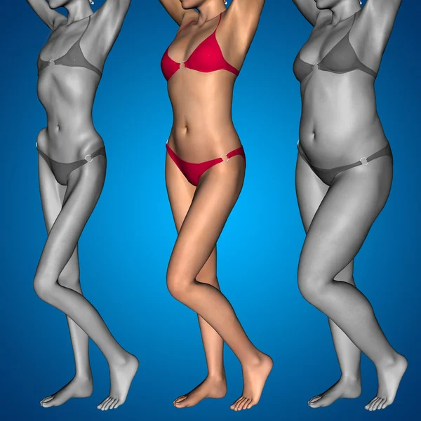 Koncepcja lub pojęciowy 3d kobieta lub dziewczyna jak tłuszcz, nadwaga vs pasuje zdrowy, chuda niedowagę kobieta anoreksję przed i po diecie — Zdjęcie stockowe