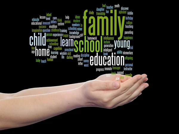Konzept oder konzeptionelle Kindererziehung oder Familie abstrakte Wortwolke, menschliche Hand auf Hintergrund — Stockfoto