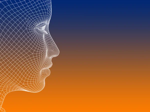 Concepto o conceptual 3D wireframe joven hombre mujer o mujer cara o cabeza sobre fondo azul anaranjado — Foto de Stock