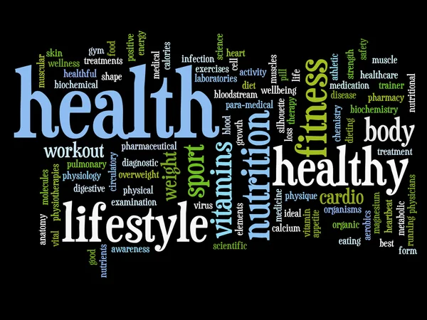 High resolution concept or conceptual abstract health word cloud or wordcloud on black background — Stock Photo, Image