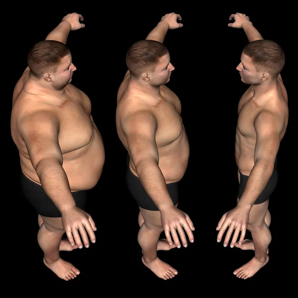 Concepto o conceptual de grasa 3D con sobrepeso vs dieta slim fit con músculos jóvenes aislados sobre fondo negro —  Fotos de Stock