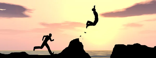 Concept of conceptuele 3d jonge man of zakenman silhouet gelukkig sprong van de klif boven water gap zonsondergang of zonsopgang hemelachtergrond — Stockfoto