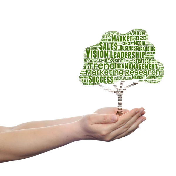 Konzept oder konzeptionelle Grünbaumgeschäft oder Marketing Wort Wolke Tagcloud in Mann oder Frau Hand isoliert auf weißem Hintergrund — Stockfoto