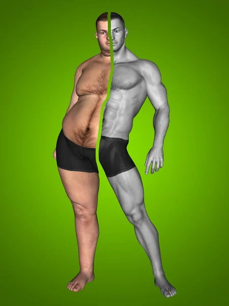 Conceito ou conceitual 3D gordura sobrepeso vs ajuste fino com músculos jovem na dieta em fundo verde — Fotografia de Stock