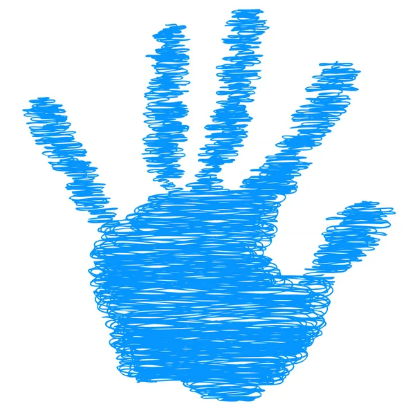 Diseño pintado azul conceptual forma de mano impresión o garabato aislado sobre fondo de papel blanco — Foto de Stock