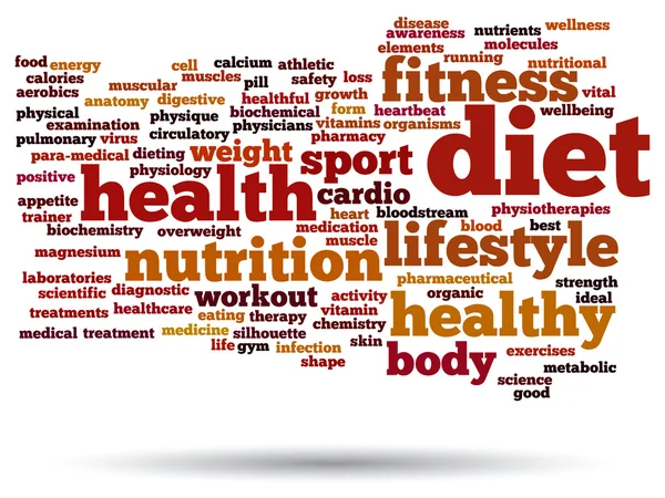 Kavram ya da kavramsal soyut sağlık diyet ya da spor kelime bulutu ya da beyaz arka plan üzerinde wordcloud — Stok fotoğraf