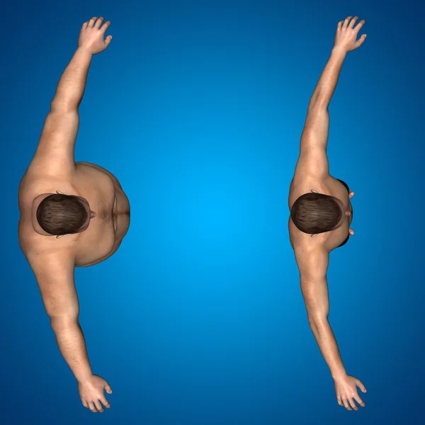 Концепция или концептуальные 3D жир лишний вес против стройный диета с мышцами молодой человек синий градиентный фон — стоковое фото