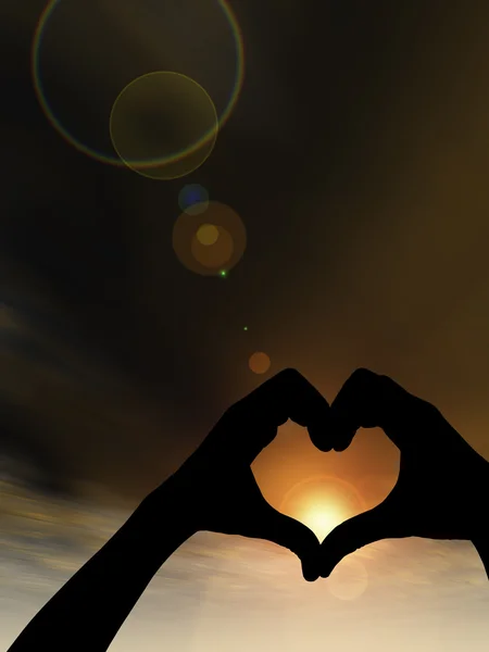 Концепция или концептуальная форма сердца или символ, сделанный из силуэта руки человека или женщины и мужчины над небом на фоне заката — стоковое фото