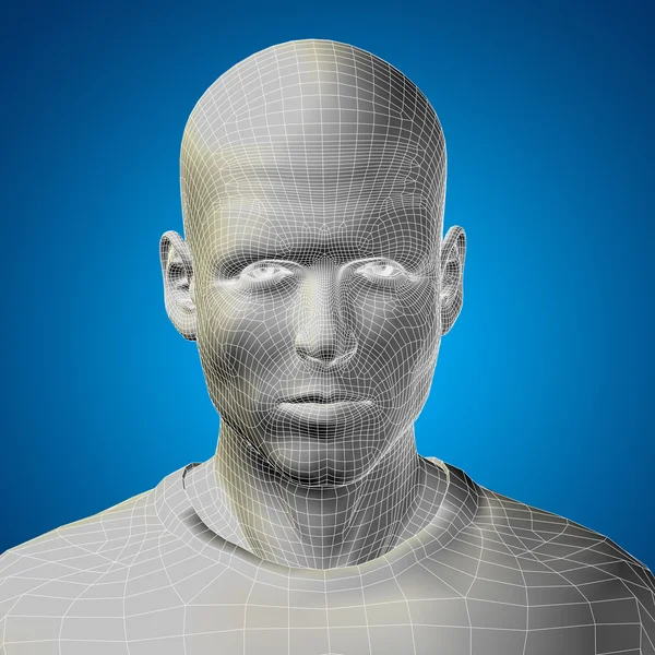 Conceito ou conceitual 3D wireframe jovem homem ou homem rosto ou cabeça no fundo azul — Fotografia de Stock