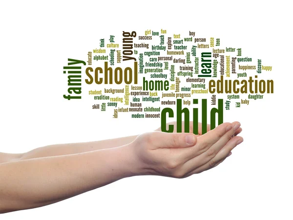 Concept or conceptual child education abstract word cloud, human man hand on white background — Stock Photo, Image