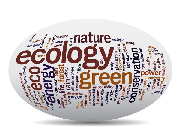 Conceito ou conceitual 3D oval ou elipse abstrato verde ecologia e conservação palavra nuvem texto sobre fundo branco — Fotografia de Stock