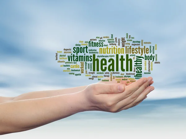 Concept of conceptuele abstracte gezondheid word cloud man hand, blauwe hemelachtergrond — Stockfoto