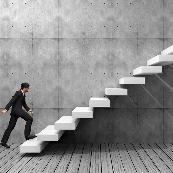 Conceito ou conceitual homem 3D ou homem de negócios subindo em uma escada ou passos perto de um fundo de parede — Fotografia de Stock