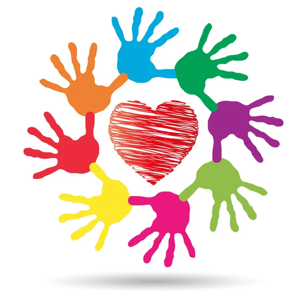 Conceito ou conceitual símbolo coração vermelho com criança humana mão impressões espiral ou círculo isolado no fundo branco — Fotografia de Stock