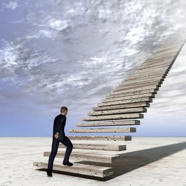 개념 개념 3d 비즈니스 남자 하늘 배경에 구름 산책 이나 등산 계단 — 스톡 사진